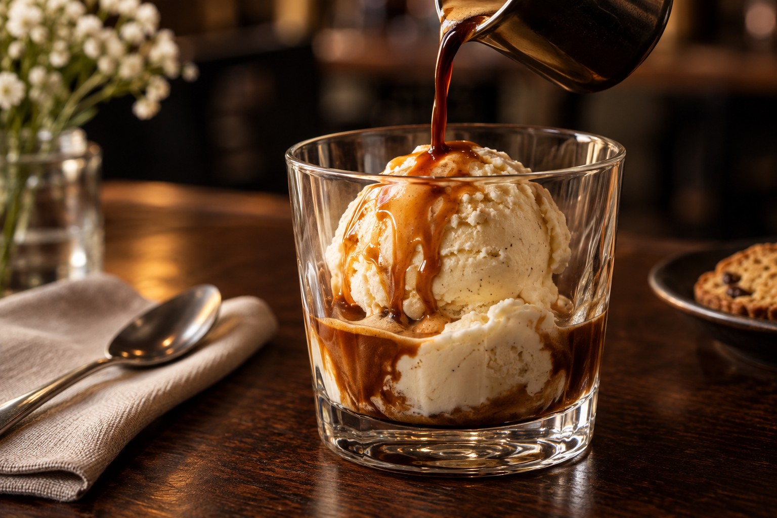 Espresso pouring over vanilla gelato to make an affogato