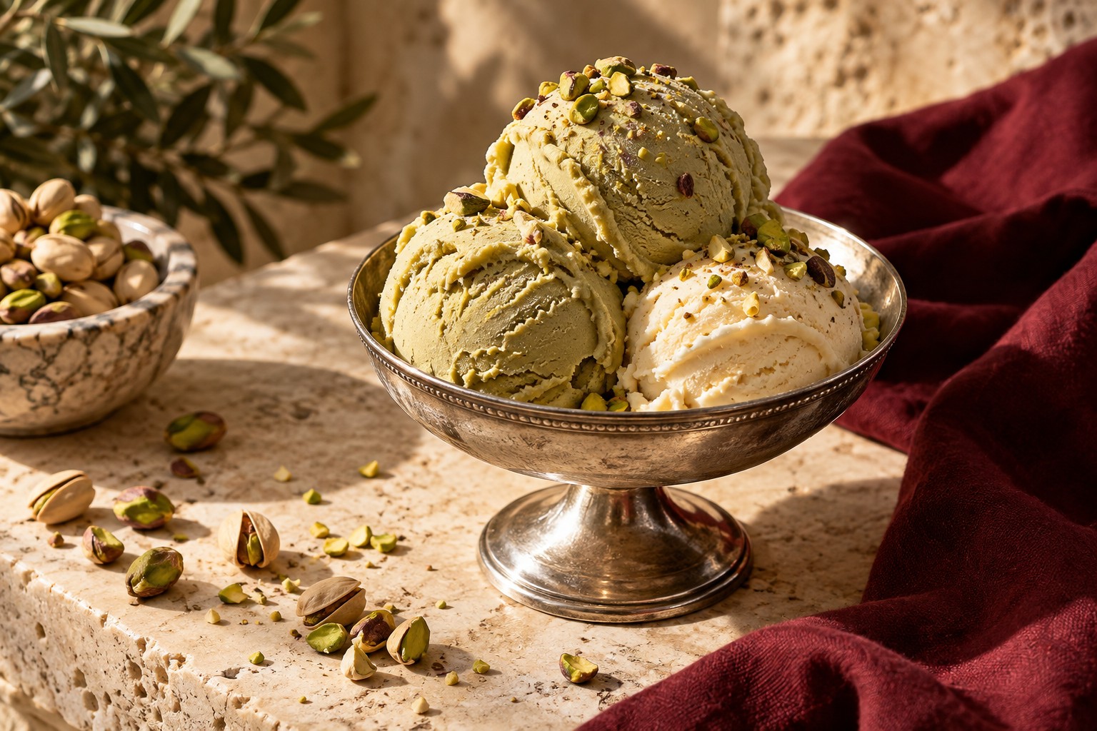 Pistachio and cream-colored gelato in an elegant silver coupe